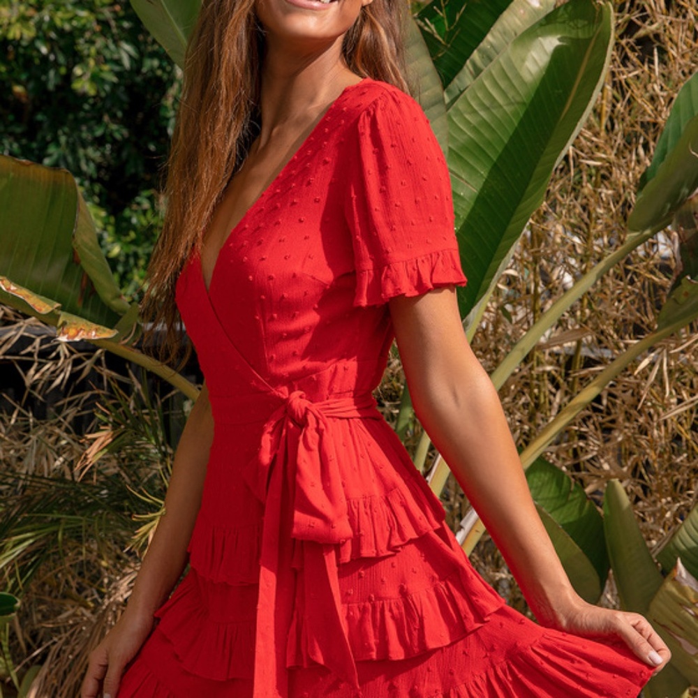 Lulus Call Me Cute Red Swiss Dot Tiered Faux Wrap Mini Dress - Size S